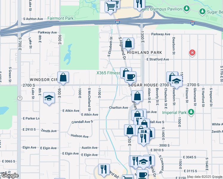 map of restaurants, bars, coffee shops, grocery stores, and more near 1170 2700 South in Salt Lake City
