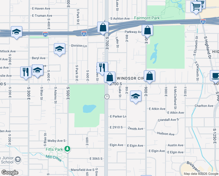 map of restaurants, bars, coffee shops, grocery stores, and more near 2730 South 700 East in Salt Lake City
