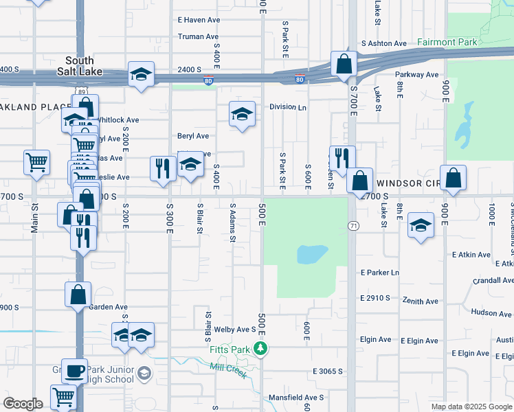 map of restaurants, bars, coffee shops, grocery stores, and more near 2747 Adams Street East in South Salt Lake