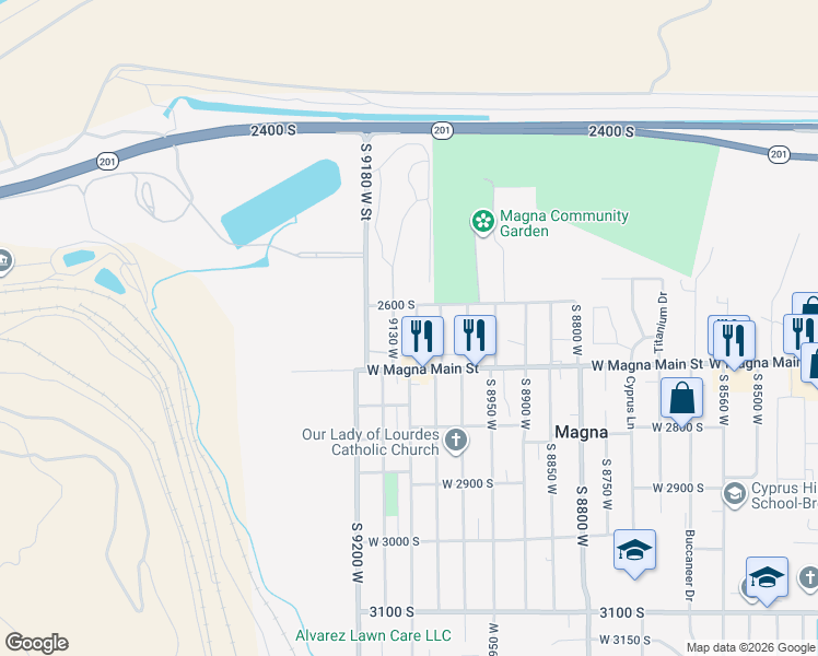 map of restaurants, bars, coffee shops, grocery stores, and more near 2668 South 9085 West in Magna