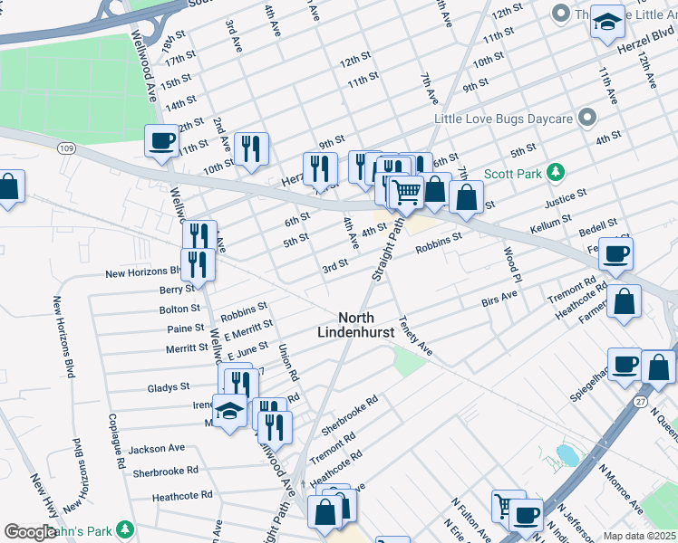map of restaurants, bars, coffee shops, grocery stores, and more near 1700 Straight Path in Lindenhurst