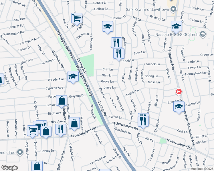 map of restaurants, bars, coffee shops, grocery stores, and more near 11 Curve Lane in Levittown