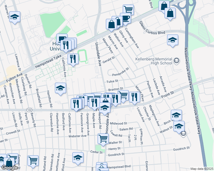 map of restaurants, bars, coffee shops, grocery stores, and more near in Uniondale