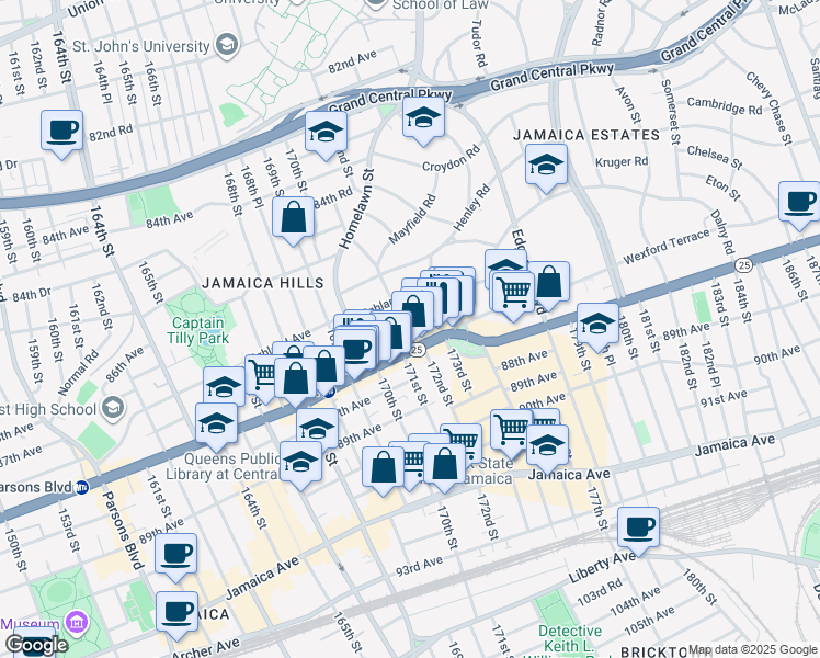 map of restaurants, bars, coffee shops, grocery stores, and more near 170-25 Hillside Avenue in Queens