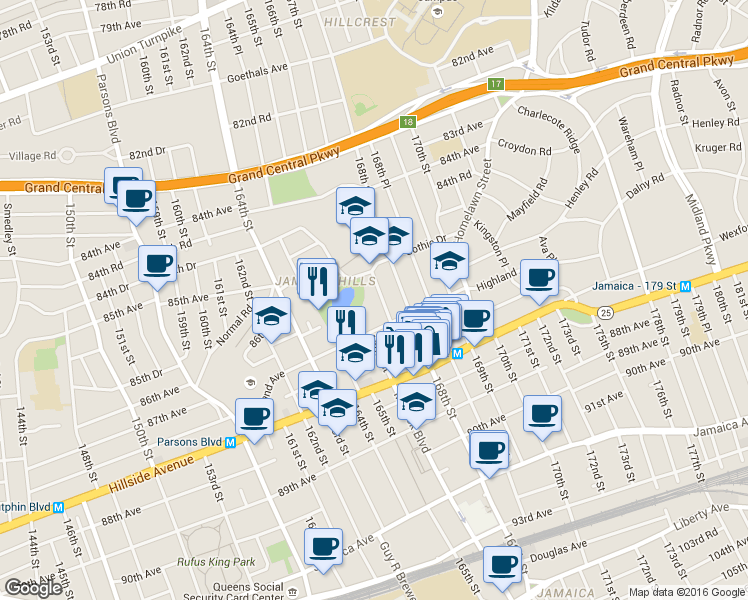 map of restaurants, bars, coffee shops, grocery stores, and more near 166-05 Highland Avenue in Queens