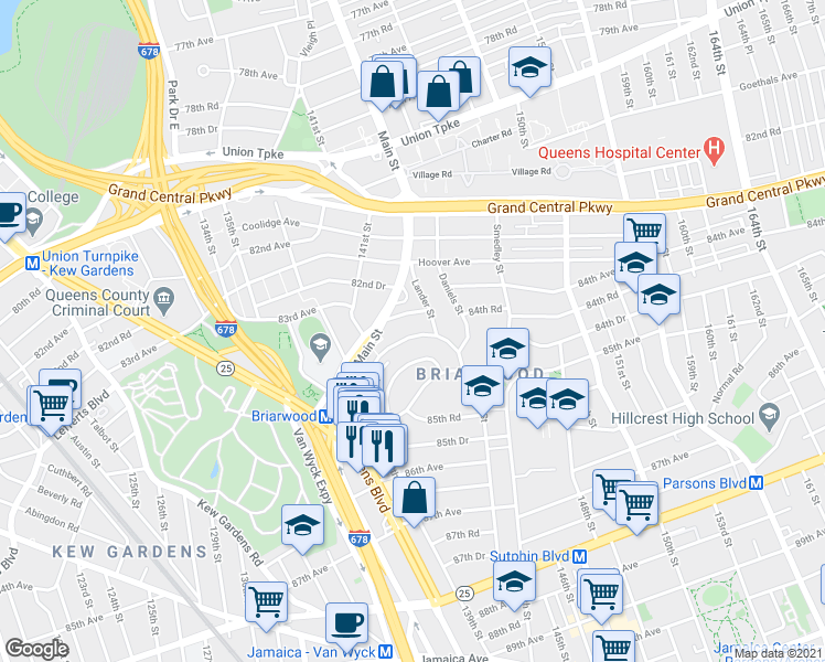 map of restaurants, bars, coffee shops, grocery stores, and more near 140-69 Burden Crescent in Queens