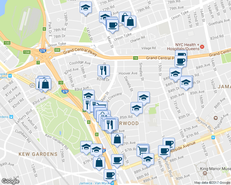 map of restaurants, bars, coffee shops, grocery stores, and more near 140-69 Burden Crescent in Queens