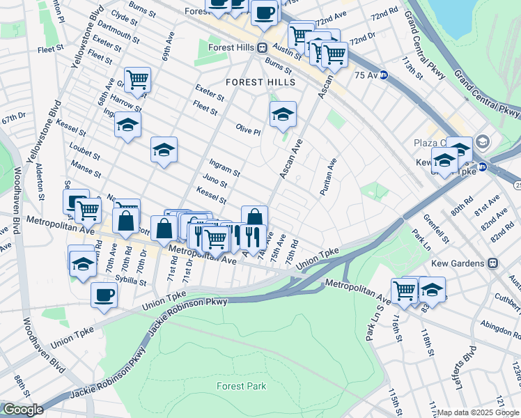map of restaurants, bars, coffee shops, grocery stores, and more near in Queens