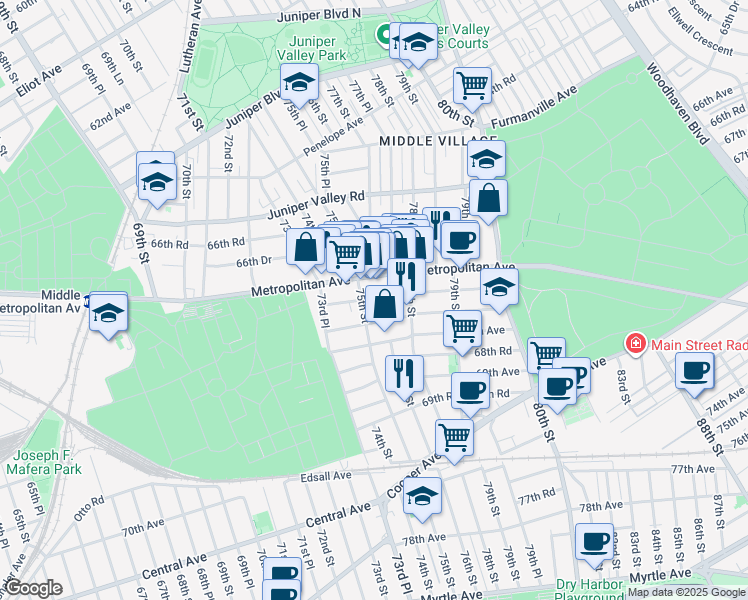 map of restaurants, bars, coffee shops, grocery stores, and more near 75-22 67th Drive in Queens