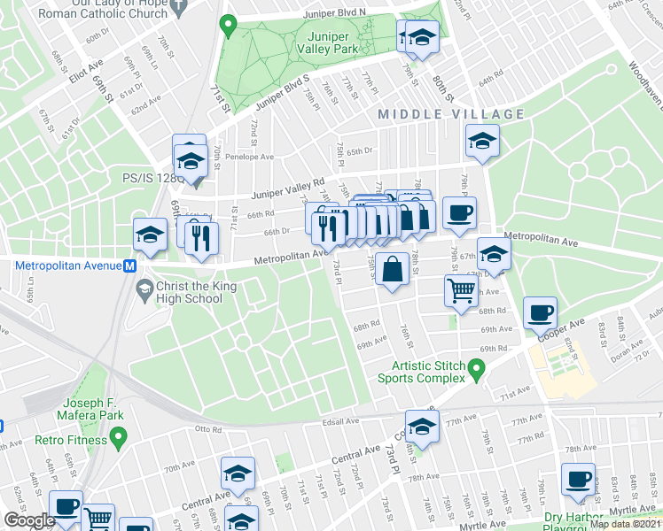 map of restaurants, bars, coffee shops, grocery stores, and more near 67-42 73rd Place in Queens