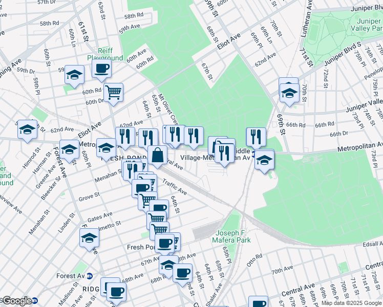 map of restaurants, bars, coffee shops, grocery stores, and more near 64-34 65th Lane in Queens