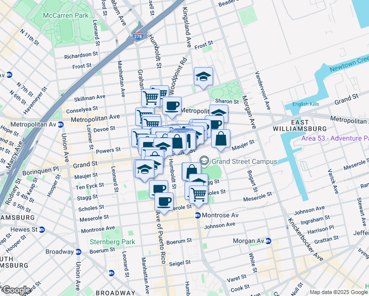 map of restaurants, bars, coffee shops, grocery stores, and more near 233 Maujer Street in Brooklyn