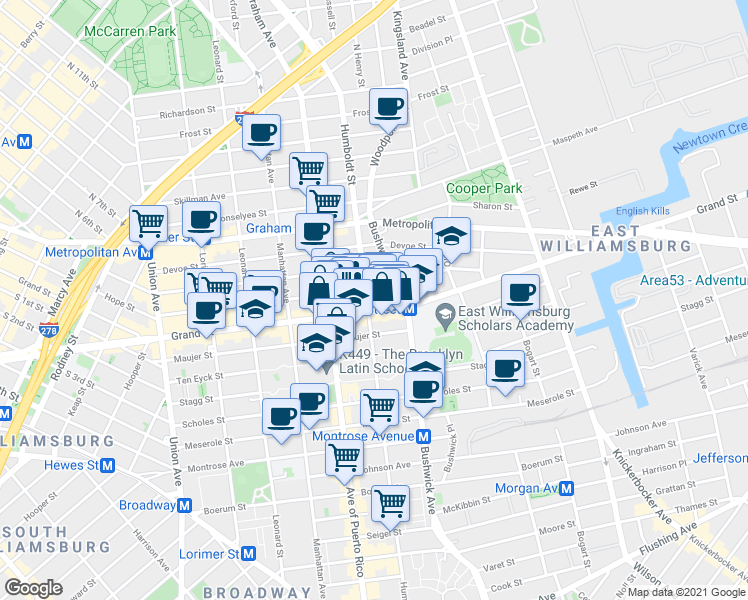 map of restaurants, bars, coffee shops, grocery stores, and more near 770 Grand Street in Brooklyn