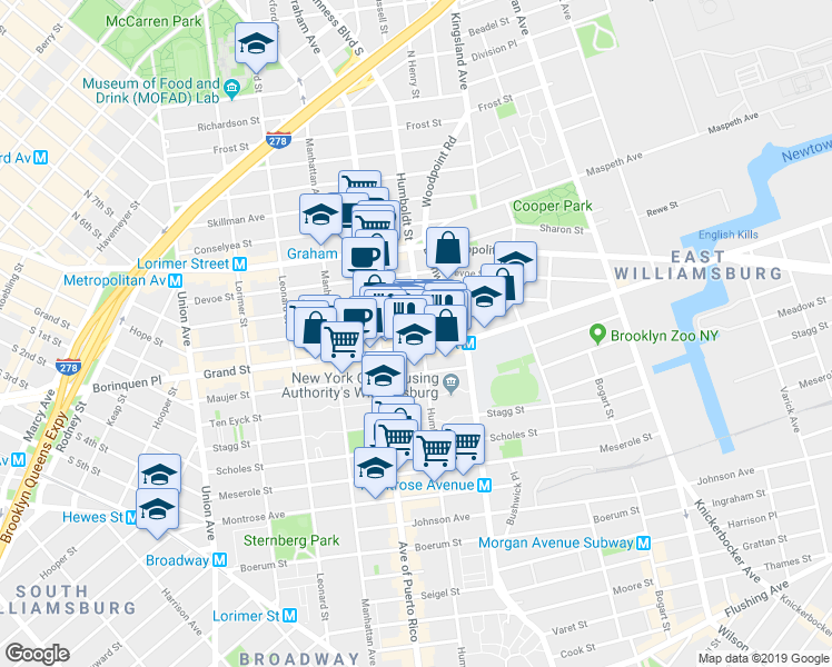 map of restaurants, bars, coffee shops, grocery stores, and more near 770 Grand Street in Brooklyn