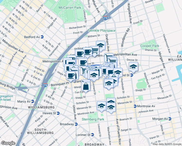 map of restaurants, bars, coffee shops, grocery stores, and more near 629 Grand Street in Brooklyn