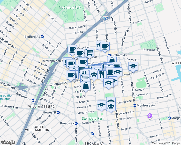 map of restaurants, bars, coffee shops, grocery stores, and more near in Brooklyn