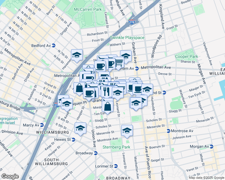map of restaurants, bars, coffee shops, grocery stores, and more near 559 Grand Street in Brooklyn