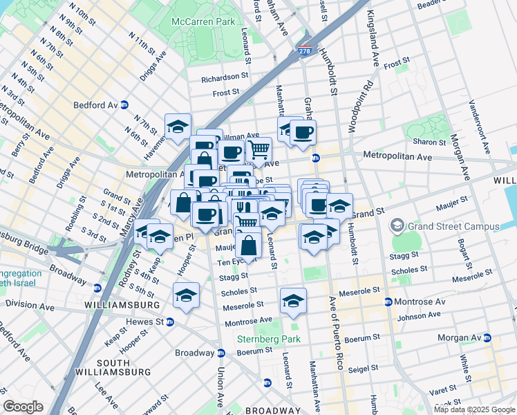 map of restaurants, bars, coffee shops, grocery stores, and more near 559 Grand Street in Brooklyn