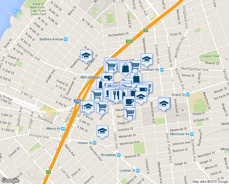 map of restaurants, bars, coffee shops, grocery stores, and more near 30 Powers Street in Brooklyn