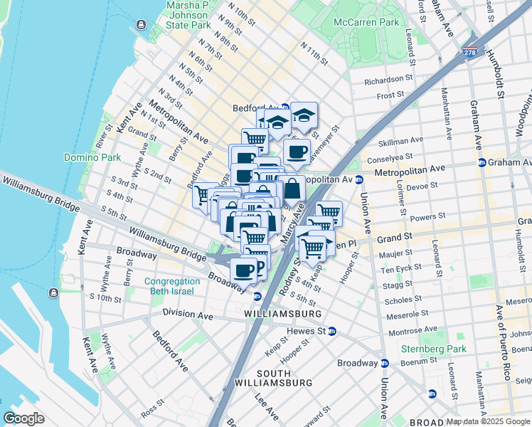 map of restaurants, bars, coffee shops, grocery stores, and more near 153 Havemeyer Street in Brooklyn