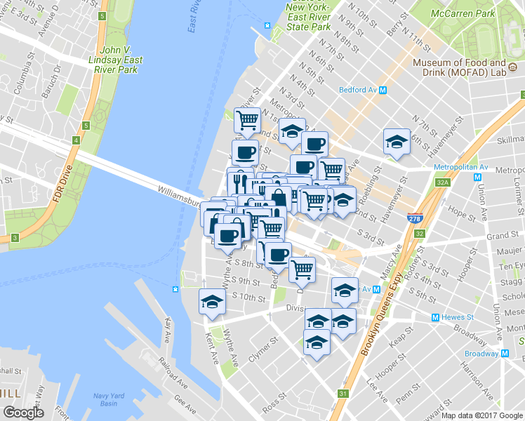 map of restaurants, bars, coffee shops, grocery stores, and more near in Brooklyn