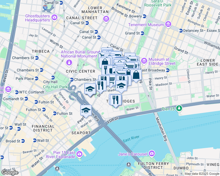 map of restaurants, bars, coffee shops, grocery stores, and more near 46 Madison Street in New York