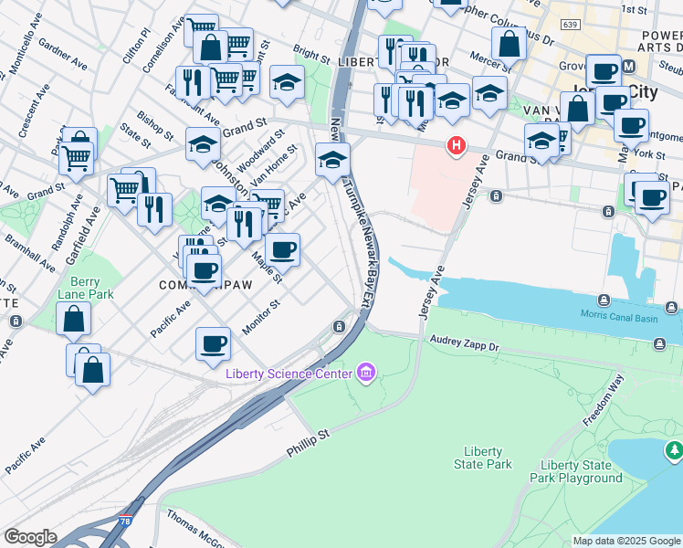 map of restaurants, bars, coffee shops, grocery stores, and more near 295 Johnston Avenue in Jersey City