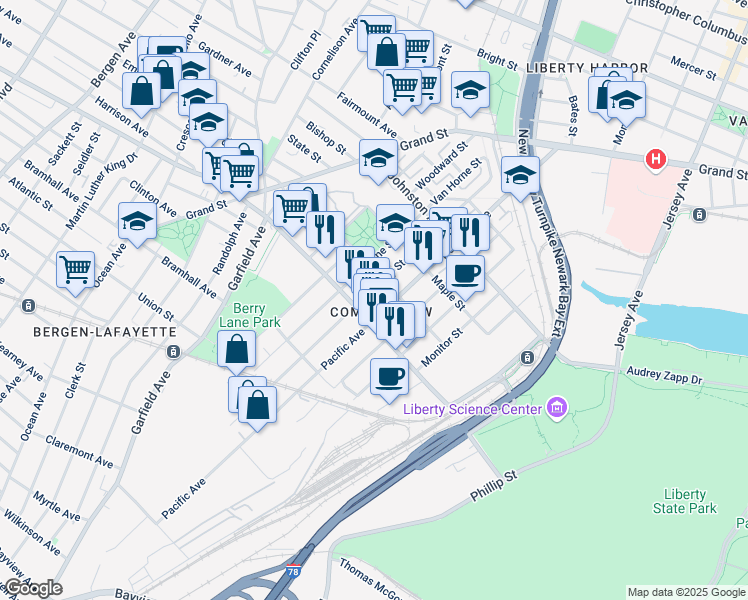 map of restaurants, bars, coffee shops, grocery stores, and more near in Jersey City
