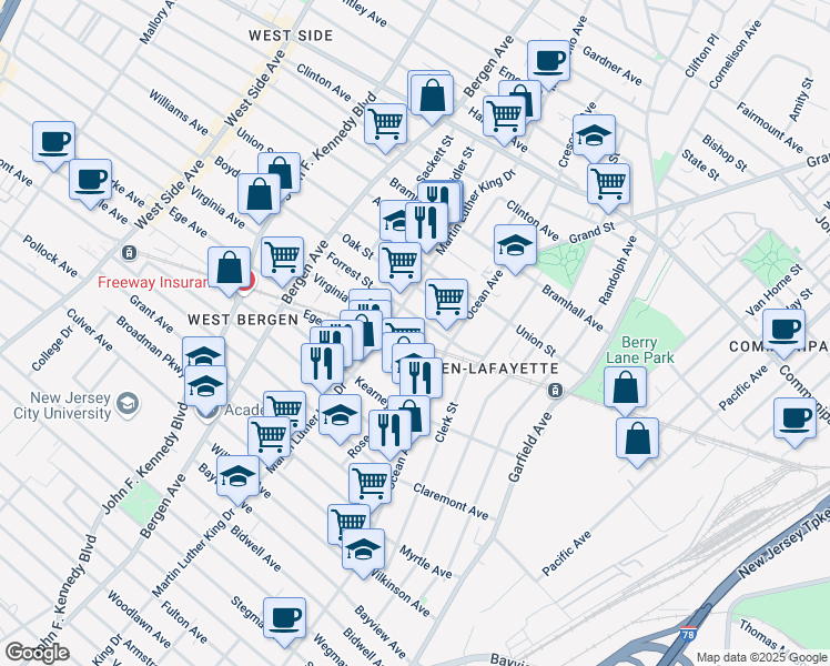 map of restaurants, bars, coffee shops, grocery stores, and more near 735 Ocean Avenue in Jersey City