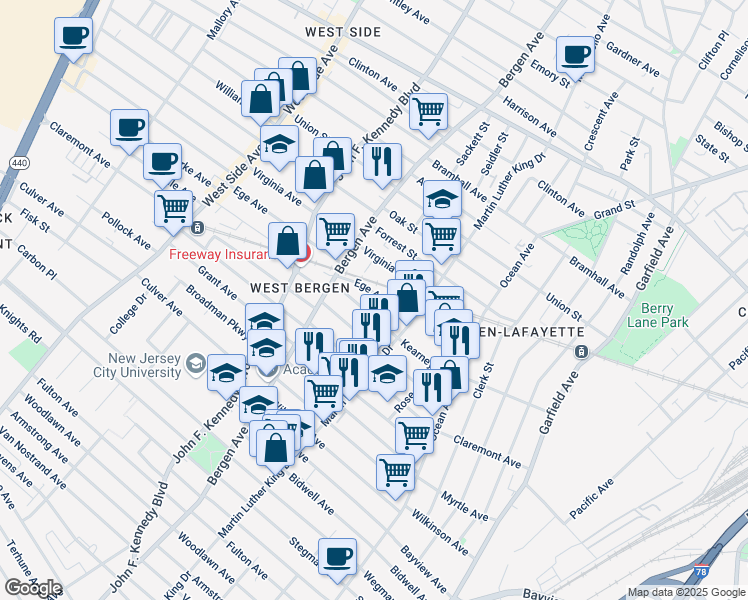map of restaurants, bars, coffee shops, grocery stores, and more near 104 Orient Avenue in Jersey City