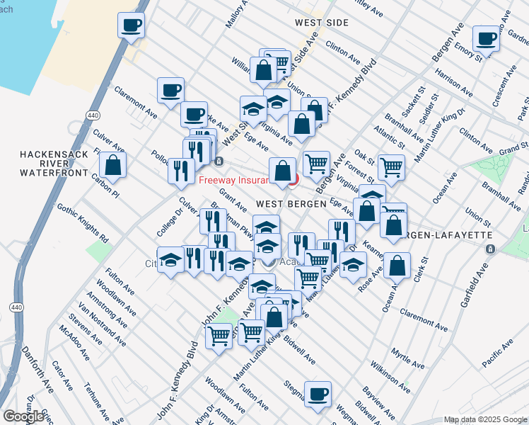 map of restaurants, bars, coffee shops, grocery stores, and more near in Jersey City