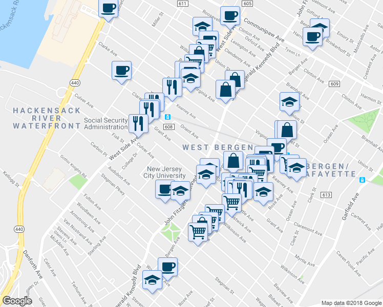 map of restaurants, bars, coffee shops, grocery stores, and more near in Jersey City