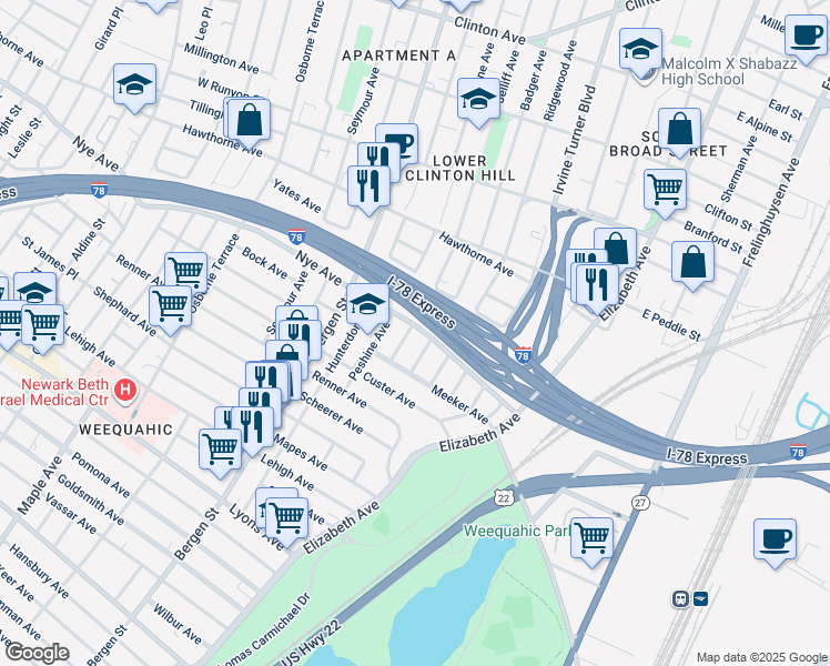 map of restaurants, bars, coffee shops, grocery stores, and more near 323-325 Meeker Avenue in Newark