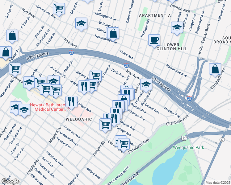 map of restaurants, bars, coffee shops, grocery stores, and more near 151 Scheerer Avenue in Newark