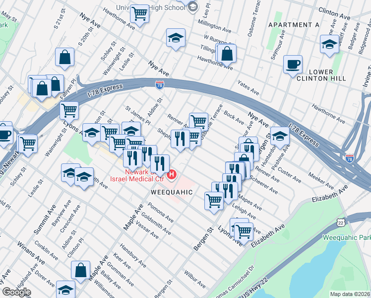 map of restaurants, bars, coffee shops, grocery stores, and more near 333 Osborne Terrace in Newark