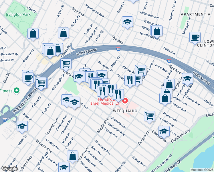 map of restaurants, bars, coffee shops, grocery stores, and more near 14 Irving Avenue in Newark