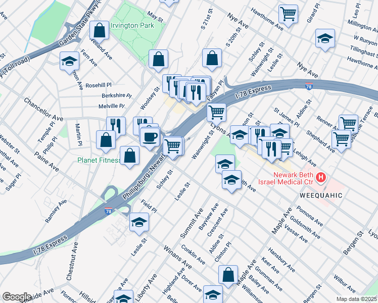 map of restaurants, bars, coffee shops, grocery stores, and more near 375 Leslie Street in Newark