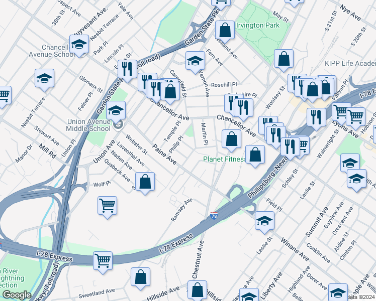 map of restaurants, bars, coffee shops, grocery stores, and more near 73-75 Bedford Terrace in Irvington