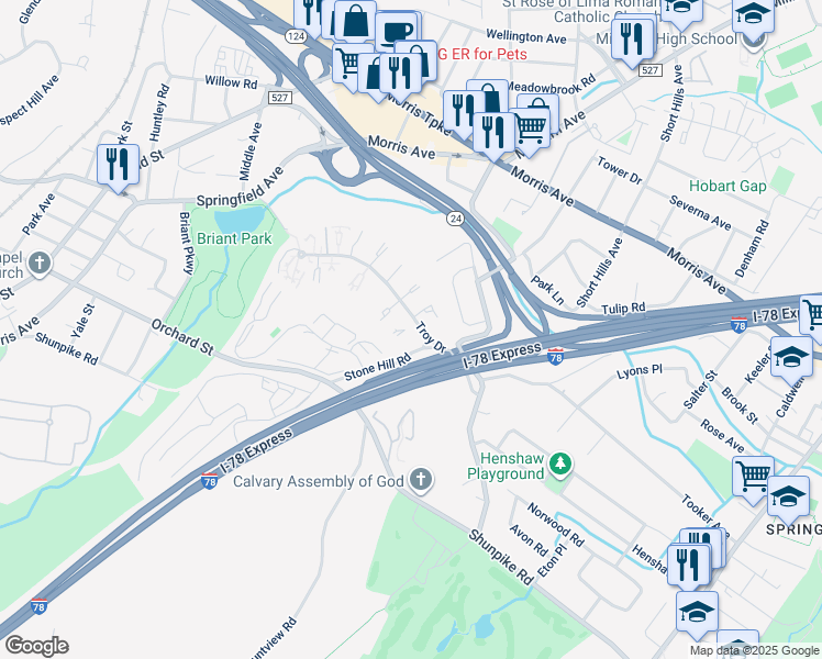 map of restaurants, bars, coffee shops, grocery stores, and more near 9A Stone Hill Road in Springfield