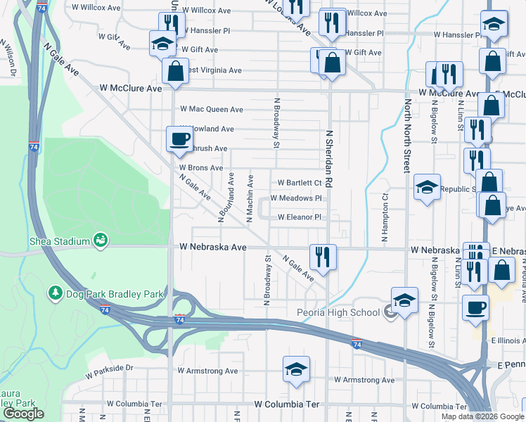 map of restaurants, bars, coffee shops, grocery stores, and more near 1918 N Broadway St in Peoria