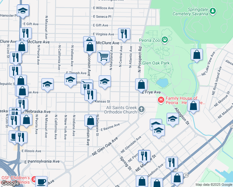 map of restaurants, bars, coffee shops, grocery stores, and more near 1020 East Frye Avenue in Peoria