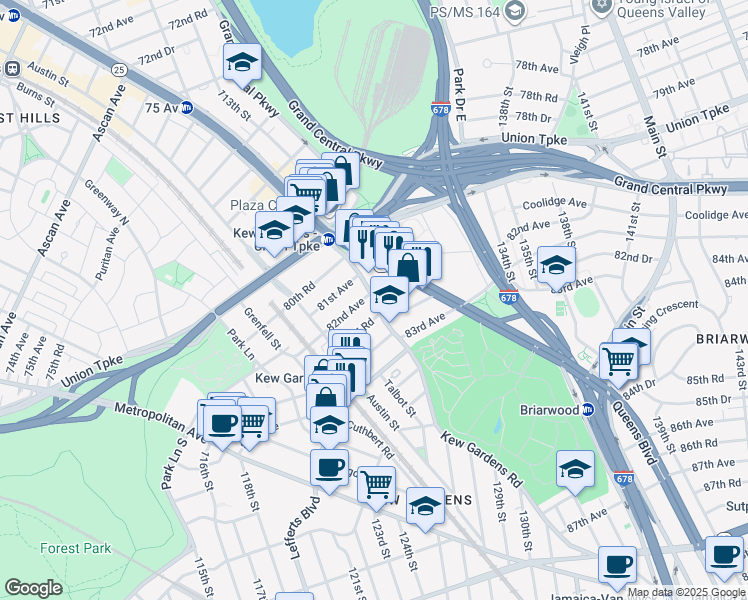 map of restaurants, bars, coffee shops, grocery stores, and more near 82 Kew Gardens Road in Queens