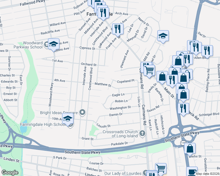 map of restaurants, bars, coffee shops, grocery stores, and more near 31 Eagle Lane in Farmingdale