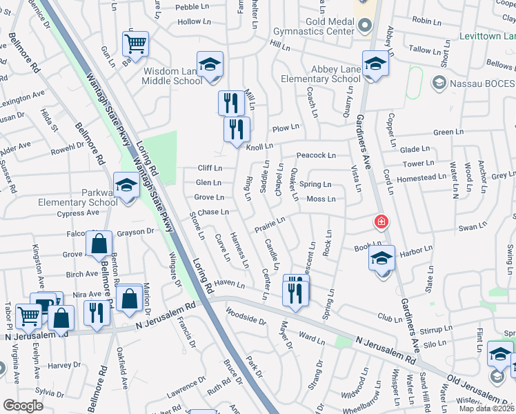 map of restaurants, bars, coffee shops, grocery stores, and more near 17 Prairie Lane in Levittown