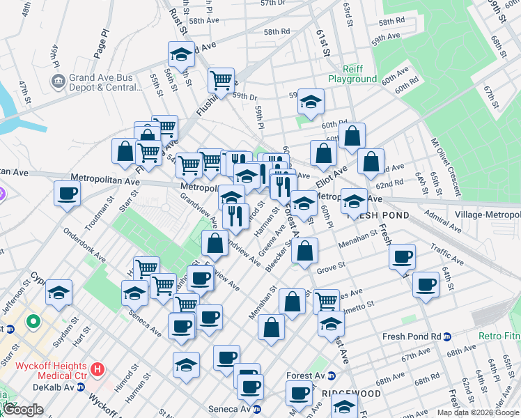 map of restaurants, bars, coffee shops, grocery stores, and more near 21-46 Himrod Street in Queens