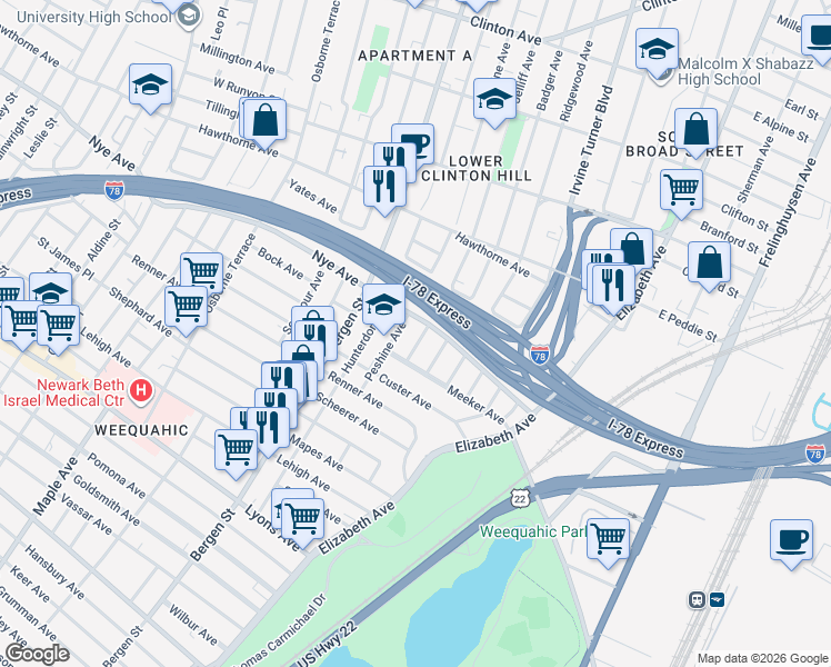 map of restaurants, bars, coffee shops, grocery stores, and more near 323-325 Meeker Avenue in Newark