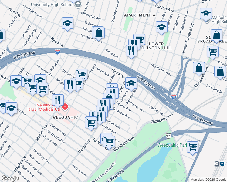 map of restaurants, bars, coffee shops, grocery stores, and more near in Newark