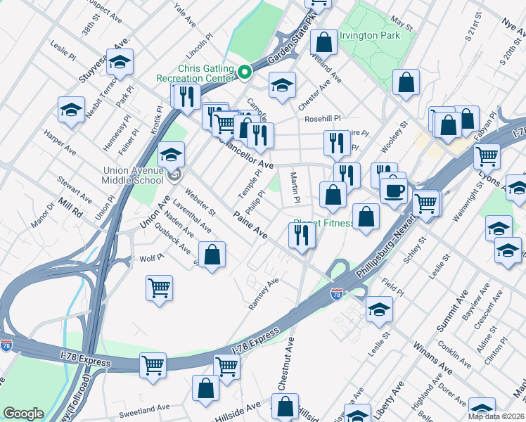 map of restaurants, bars, coffee shops, grocery stores, and more near 73-75 Bedford Terrace in Irvington