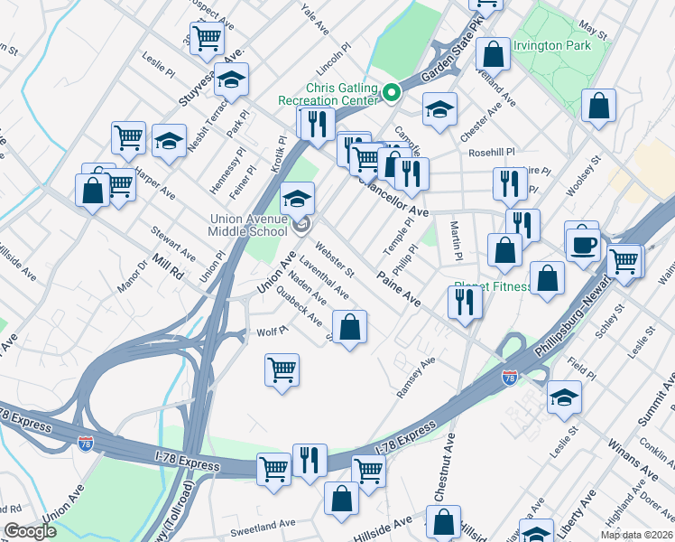 map of restaurants, bars, coffee shops, grocery stores, and more near 28 Laventhal Avenue in Irvington
