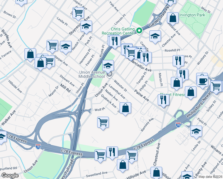 map of restaurants, bars, coffee shops, grocery stores, and more near 9 Wolf Place in Irvington